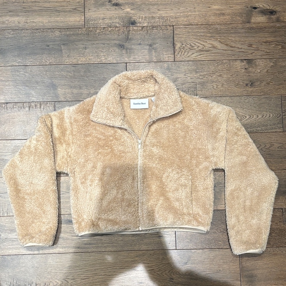 Sunday Best Plush Zip Teddy Jacket in Camel Brown